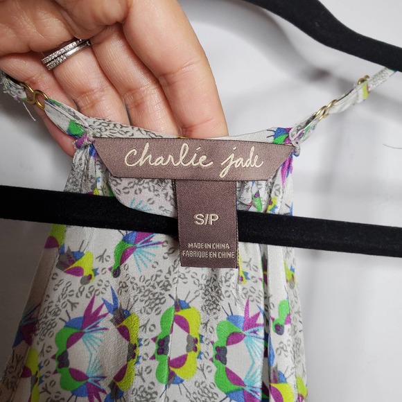 CHARLIE JADE Printed V-Neck Sleeveless 100% Silk Mini Dress Sz Small S - Picture 4 of 6